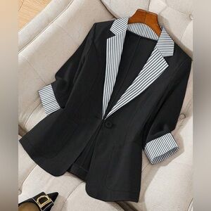 SHEIN Women Striped Long Sleeve Button Front Blazer Jacket, Casual Office Wear